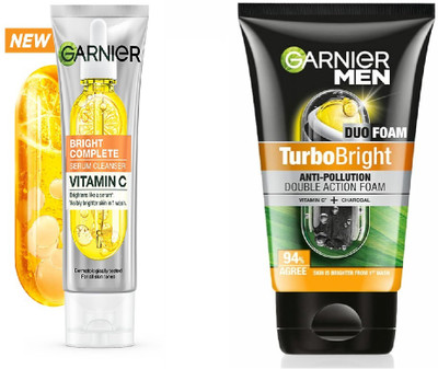 Garnier Men Bright Complete Vitamin C Cleanser Face Wash-50g+TurboBright Double Action Facewash-100g(2 Items in the set)
