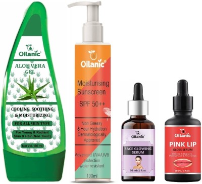 Oilanic Aloevera Gel 130ml, Sunscreen100ml, Face Glowing Serum 30ml & Pink Lip Serum 30ml(4 Items in the set)