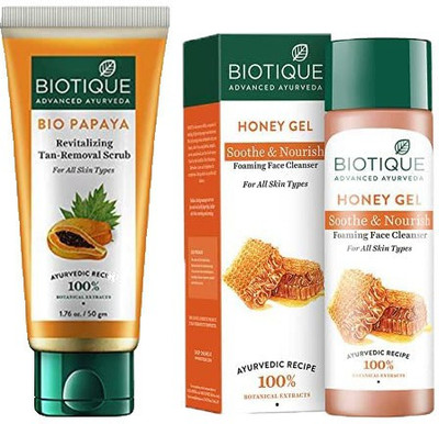 BIOTIQUE Bio Papaya Revitalizing Tan Removal Scrub, 50g And Bio Honey Gel Refreshing Foaming Face Cleanser, 120ml(2 Items in the set)