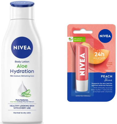 NIVEA Aloe Hydration 75ml lotion & Peach lipbalm Set of 2(2 Items in the set)