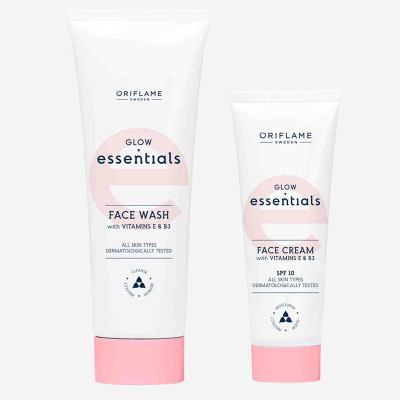 Oriflame ESSENTIALS Glow Essentials Face Wash with Vitamins E & B3 125 ml , Glow Essentials Face Cream with Vitamins E & B3 SPF 10 50 ml(2 Items in the set)