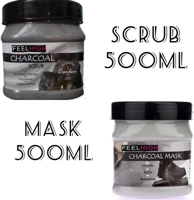 feelhigh Charcoal Scrub 500ml+ Mask 500ml -SKin care -Facial Kit(2 Items in the set)