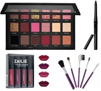 Zailie Eyeshadow with 5 Pc Brush , 4 in 1 Matte Red Edition Lipstick & Black kajal(4 Items in the set)