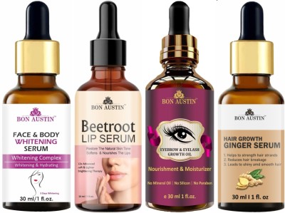 Bon Austin Face-Body Whitening Serum, Beetroot Lip Serum, Eyebrow Growth Oil & Hair Growth Serum Combo Pack (Each, 30ml)(4 Items in the set)