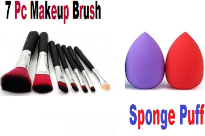 Alkaf 2 Puff With Professional 7-Pc Makeup Brush Set Black(9 Items in the set)