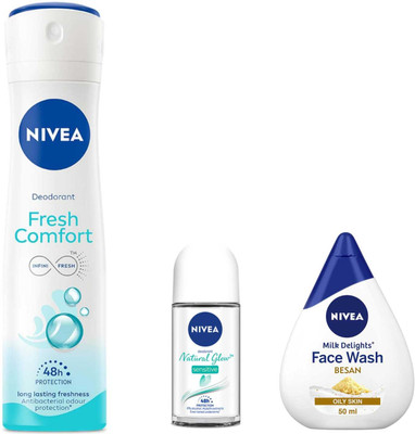 NIVEA Fresh Comfort Deo and NG Sensitive 25ml Roll On Besan 50ml Facewash Set of 3pc(3 Items in the set)