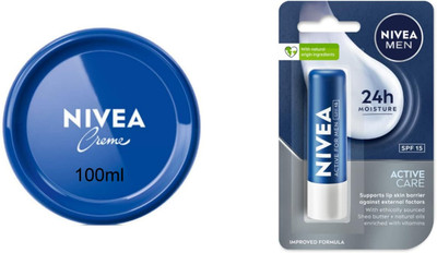 NIVEA Blue Creme 100ml lotion & Active Lipbalm Set of 2(2 Items in the set)