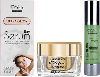 Olifair All Day Glowing Skincare Routine Combo (Night Cream, Day Serum and Pro-Vitamin C Facewash) 130 ml(3 Items in the set)