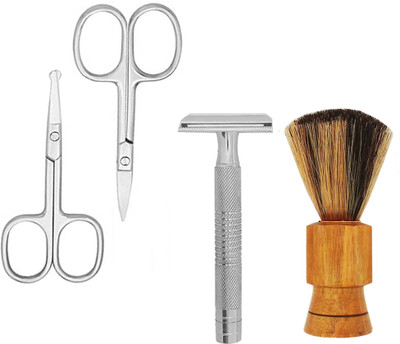 MGP FASHION Combo Kit Hard Wood Handle Synthetic Travel Shave Brush Safety Razor/ shaver/ shaving tool Nose & Eyebrows Mustaches scissor(4 Items in the set)