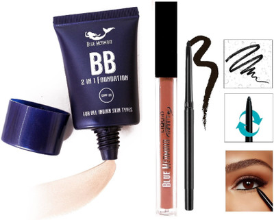 BLUEMERMAID 2in1 Foundation Combo Set and Kajal,Liquid Lipstick(3 Items in the set)