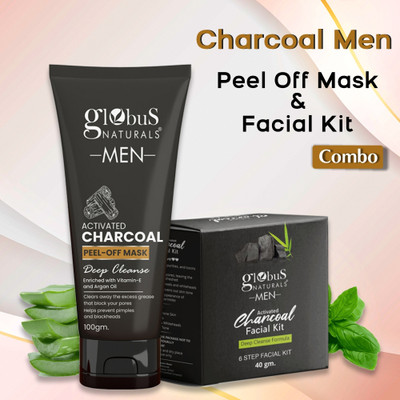 Globus Naturals Charcoal Men Peel Off Mask 100 gm & Facial Kit Combo 40 gm, Anti Pollution Formula, For Normal to Oily Skin(2 Items in the set)