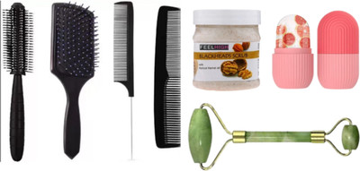 feelhigh Face & Body Blackhead Scrub 500ml helps to Remove blackhead, Ice roller10ml, face massager with Hair Comb & brush set 4(7 Items in the set)