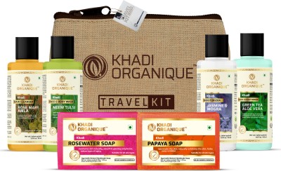 khadi ORGANIQUE Grooming Travel Kit Men & Women (2 Soap X 75gm each, 1 Shampoo 30ml,1 Conditioner 30ml, 1 Moisturiser 30ml, 1 Face Wash 30ml ) 6 pcs in Set(6 Items in the set)