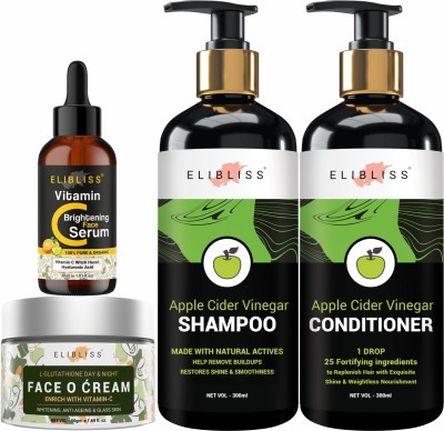 ELIBLISS Apple Cider Vinegar Shampoo + Apple Cider Vinegar Conditioner + Vitamin C Serum + L- Glutathione Face O Cream Combo Set.(4 Items in the set)