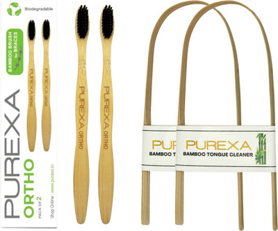 PUREXA Orthodontic Bamboo Charcoal Toothbrush For Braces With Bamboo Tongue Cleaner(4 Items in the set)