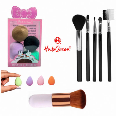 HUDA QUEEN 5pc Makeup Brush Set with 4 Mini Blenders and 1 Foundation Blender Brush(10 Items in the set)