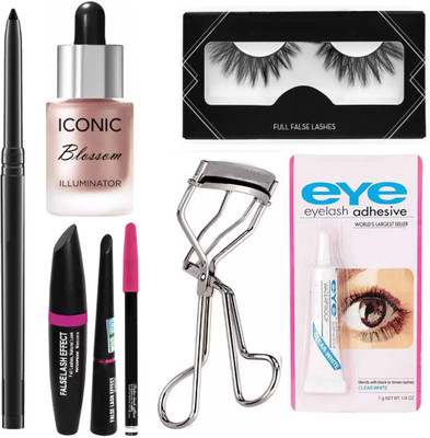 SUBHMUN Kajal & Iconic Blossom Illuminator & 3in1 Eyeliner, Mascara, Eyebrow Pencil & Eyelash & Eyelash Glue , Curler(5 Items in the set)