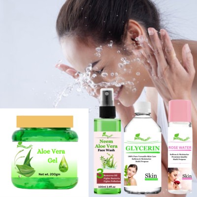 Activeland 200gm Alovera Gel and NeemAlovera Facewash 100ml Rose water and Glycerine(4 Items in the set)