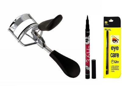 Glamezone Eyelash Curler & Beauty Kajal & 36H Deep Black Liquid Eyeliner Professional Set of 3 Makeup(3 Items in the set)
