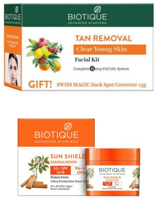 BIOTIQUE Tan Removal Facial Kit 65g & Sun Shield Sandalwood Sunscreen 50g(2 Items in the set)