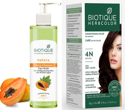 BIOTIQUE Papaya deep cleanse face wash 200Ml, Herbcolor Brown 4N 50g + 110Ml combo of 2 (360 Ml)(2 Items in the set)