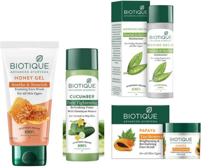 BIOTIQUE HONEY FACE WASH 150ML & MORNING NECTAR MOSTURIZER 120ML & CUCUMBER TONER 120ML & PAPAYA FACE SCRUB 75G |SKIN CARE KIT|(4 Items in the set)