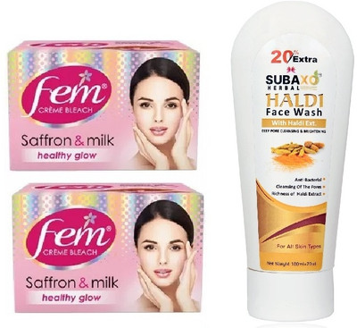 Fem SAFFRON AND MILK BLEACH 2 PC EACH 40 GM AND SUBAXO HALDI FACE WASH 120 ML(3 Items in the set)