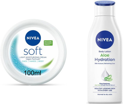 NIVEA Aloe Hydration Lotion 200ml & Soft Light Moisturizer Cream 100ml (Pack of 2)(400 ml)