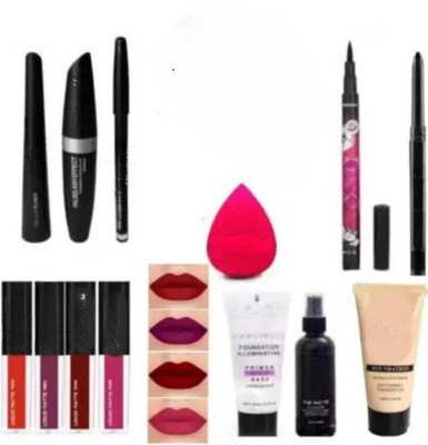 mkldsrh waterproof liquid lipstick with primer fixer foundation & 36 h eyeliner with kajal eyeliner mascara for face make up kit combo(10 Items in the set)