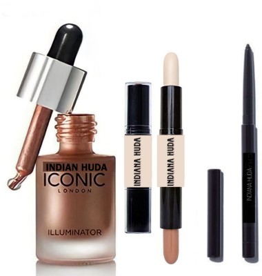 INDIANA HUDA GLOW (Terracotta Bronze)Iconic illuminator highlighter & Dual-Ended, 2IN1 Contour Stick & Long Stay,No-Smudge EYE KAJAL(3 Items in the set)