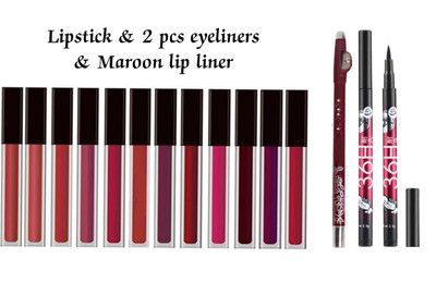 Yuvami's 12 pcs Non Transfer Waterproof Liquid Lipsticks With 1 pcs Maroon lip liner & 2 Pcs Liquid Eyeliner(15 Items in the set)