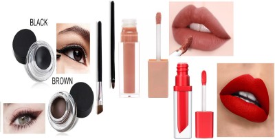 DYSOKAYO Waterproof makeup combo for beautiful ultra mini matte lipstick RED & Brown With gel kajal(4 Items in the set)