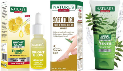 Nature's Bright Glow Vitamin C Serum (12ml)Soft Touch Hair Removal Cream Gold (50g)Acne Clear Neem Face Wash (50ml)(3 Items in the set)