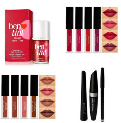Geggsa Bene Tint Lip & Cheek Stain, 3in1 Eye Makeup Kit and 8 Different Shades of Liquid Matte Lipsticks(12 Items in the set)