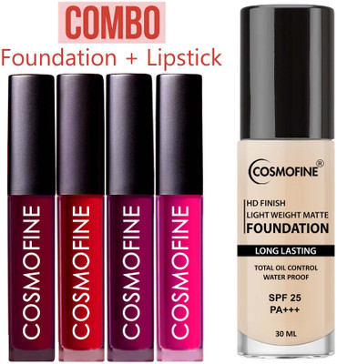 cosmofine Ultra HD Matte Finish Foundation Water Proof with SPF 25 (30 ML) + Lipstick Red Shade (4 Pack)(2 Items in the set)