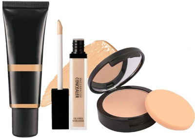 HUZURLU perfect long lasting foundation & liquid full coverage concealer with oil free compact powder combo(3 Items in the set)