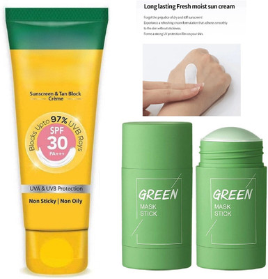 HUZURLU Green Mask Stick for Blackheads & Whiteheads with SPF 30 PA+++ Sunscreen & Tan Block Cream(2 Items in the set)
