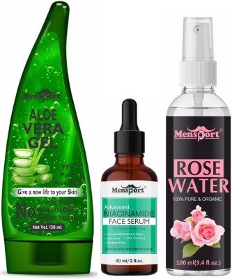 Mensport Natural Aloe Vera Gel 130ml, Niacinamide Anti Acne Serum 30ML & Rose Water 100ml(3 Items in the set)