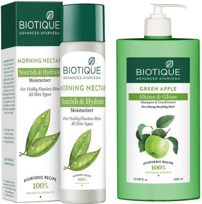 BIOTIQUE Morning Necter Moisturizer 190Ml, Green Apple Shine & Gloss Shampoo With Conditioner 650Ml combo of 2 (840 Ml)(2 Items in the set)