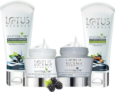 LOTUS Herbals The Whitening Glow Kit ( Charcoal Face Wash  _ 100 gm + Gel Cream _ 60 gm + Night Crème _ 60 gm +  Charcoal Exfoliator _ 100 gm )(4 Items in the set)