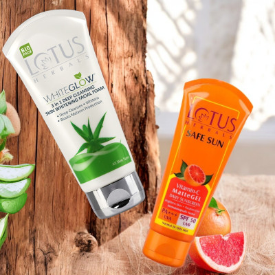 LOTUS HERBALS WhiteGlow 3 In 1 Deep Cleansing Skin Brightening Facial Foam 200G, Safe Sun Vitamin-C MatteGEL Daily Sunscreen SPF 50 100G(2 Items in the set)