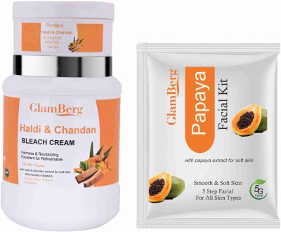 Glamberg Haldi & Chandan Bleach Cream With Activator + Papaya Facial Kit 5 in 1(3 Items in the set)