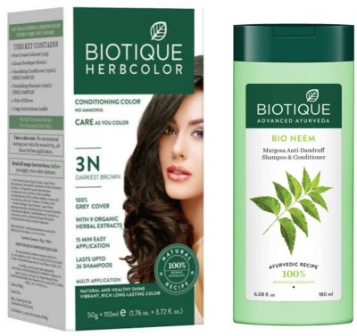 BIOTIQUE Conditioning Hair Color 3N Darkest Brown & Neem Shampoo 180 ML  (2 Items in the set)
