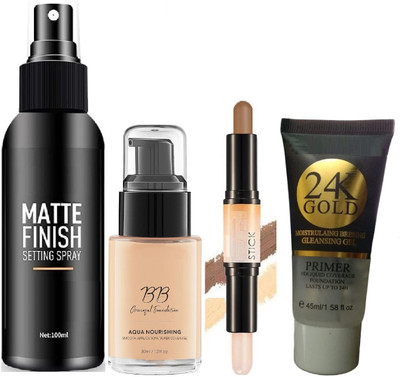 Wonholli Dual-ended Shading Stick,Makeup Fixer, Liquid Foundation & 24k Primer(4 Items in the set)