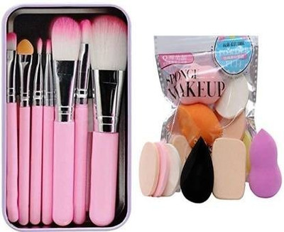 wryak Pink brush set of 7 with Sponge Puff Blender Set of 6(13 Items in the set)