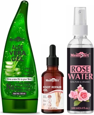 Mensport Multipurpose Aloe Vera Gel 130ml, Foot Repair Oil 30ML & Natural Rose Water 100ml(3 Items in the set)