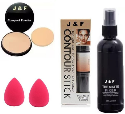 Zailie Face Compact Powder, Blender Puff(2),Contour Stick,Fixer Spray(4 Items in the set)