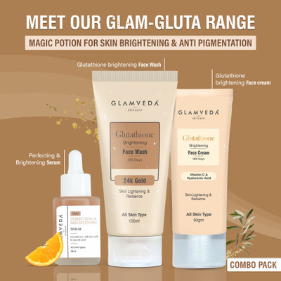 GLAMVEDA Glutathione Skin Perfecting Brightening & Dark Spots Removal 3 Steps Skincare Routine ( Face Wash + Face Cream + Face Serum )(3 Items in the set)