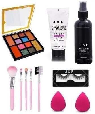 J & F 12 color Eyeshadow Palette, 5 pcs makeup brush,Eyelashes,Blender Puff(6 Items in the set)