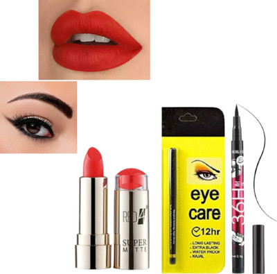 RED4 Red Super Matte Red Lipstick, kajal + 36h eyeliner 3... szsd(3 Items in the set)